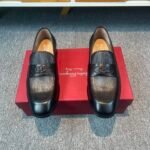 Ferragamo Black Vertical Grain Leather Metal Buckle Slip-On Men Luxury Business Formal Loafer Shoes