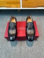 Ferragamo Black Vertical Grain Leather Metal Buckle Slip-On Men Luxury Business Formal Loafer Shoes