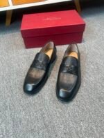 Ferragamo Black Vertical Grain Leather Metal Buckle Slip-On Men Luxury Business Formal Loafer Shoes - Image 6