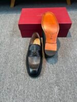 Ferragamo Black Vertical Grain Leather Metal Buckle Slip-On Men Luxury Business Formal Loafer Shoes - Image 3