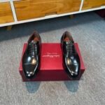 Ferragamo Black Glossy Patent Leather Cap Toe Lace-Up Men Formal Business Oxford Dress Shoes