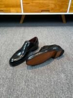 Ferragamo Black Glossy Patent Leather Cap Toe Lace-Up Men Formal Business Oxford Dress Shoes - Image 5