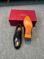 Ferragamo Black Smooth Calf Leather Cap Toe Lace-Up Men Business Wedding Oxford Formal Dress Shoes - Image 3