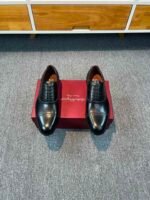 Ferragamo Black Polished Leather Brogue Cap Toe Lace-Up Men Business Wedding Oxford Formal Shoes