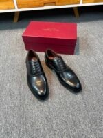 Ferragamo Black Polished Leather Brogue Cap Toe Lace-Up Men Business Wedding Oxford Formal Shoes - Image 2
