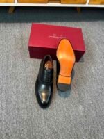 Ferragamo Black Polished Leather Brogue Cap Toe Lace-Up Men Business Wedding Oxford Formal Shoes - Image 3