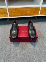 Ferragamo Black Smooth Leather Wingtip Brogue Lace-Up Men Vintage Business Oxford Formal Shoes