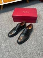 Ferragamo Black Smooth Leather Wingtip Brogue Lace-Up Men Vintage Business Oxford Formal Shoes - Image 6