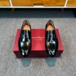Ferragamo Black Glossy Patent Leather Double Ring Metal Buckle Slip-On Men Luxury Formal Loafer Shoes