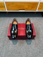 Ferragamo Black Glossy Patent Leather Double Ring Metal Buckle Slip-On Men Luxury Formal Loafer Shoes