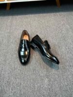 Ferragamo Black Glossy Patent Leather Double Ring Metal Buckle Slip-On Men Luxury Formal Loafer Shoes - Image 5