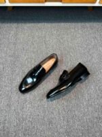Ferragamo Black Glossy Patent Leather Double Ring Metal Buckle Slip-On Men Luxury Formal Loafer Shoes - Image 4