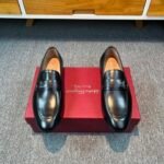 Ferragamo Black Glossy Leather Gancini Metal Buckle Slip-On Men Luxury Business Formal Loafer Shoes