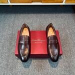 Ferragamo Dark Brown Soft Leather Minimal Buckle Slip-On Men Vintage Business Casual Loafer Shoes