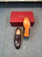 Ferragamo Dark Brown Soft Leather Minimal Buckle Slip-On Men Vintage Business Casual Loafer Shoes - Image 3