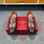Ferragamo Brown Smooth Soft Leather Minimal Buckle Slip-On Men Business Casual Vintage Loafer Shoes