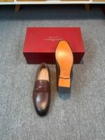 Ferragamo Brown Smooth Soft Leather Minimal Buckle Slip-On Men Business Casual Vintage Loafer Shoes - Image 3