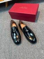 Ferragamo Black Glossy Patent Leather Round Emblem Metal Buckle Slip-On Men Luxury Formal Loafer Shoes - Image 2