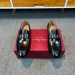 Ferragamo Black Glossy Gancini Metal Buckle Slip-On Men Luxury Business Formal Loafer Shoes