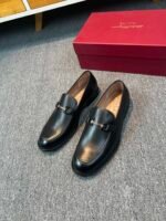 Ferragamo Black Matte Smooth Leather Gancini Metal Buckle Slip-On Men Business Formal Loafer Shoes - Image 6