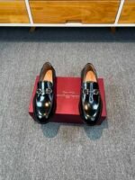 Ferragamo Black Mirror Gloss Patent Leather Horsebit Buckle Slip-On Men Luxury Formal Business Loafer Shoes