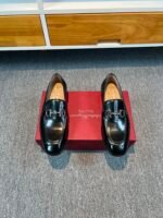 Ferragamo Black Glossy Leather Gancini Buckle Slip-On Men Classic Business Formal Loafer Shoes