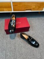 Ferragamo Black Glossy Leather Gancini Buckle Slip-On Men Classic Business Formal Loafer Shoes - Image 4