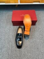 Ferragamo Black Glossy Leather Gancini Buckle Slip-On Men Classic Business Formal Loafer Shoes - Image 3