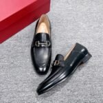 Ferragamo Black Calf Leather Horsebit Buckle Men Casual Formal Slip-On Loafer Shoes - Image 4