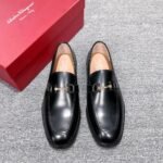 Ferragamo Black Gloss Leather Gold Buckle Men Formal Slip-On Loafers