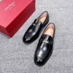 Ferragamo Black Gloss Leather Gold Buckle Men Formal Slip-On Loafers - Image 6