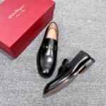 Ferragamo Black Gloss Leather Gold Buckle Men Formal Slip-On Loafers - Image 4