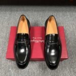 Ferragamo Black Gloss Patent Leather Buckle Men Formal Slip-On Loafers