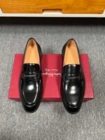 Ferragamo Black Gloss Patent Leather Buckle Men Formal Slip-On Loafers