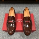 Ferragamo Brown Patent Leather Red Strap Buckle Men Formal Slip-On Loafers
