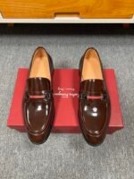 Ferragamo Brown Patent Leather Red Strap Buckle Men Formal Slip-On Loafers