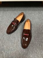 Ferragamo Brown Patent Leather Red Strap Buckle Men Formal Slip-On Loafers - Image 6