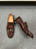 Ferragamo Brown Patent Leather Red Strap Buckle Men Formal Slip-On Loafers - Image 5