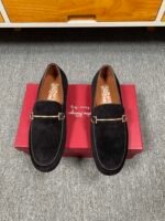 Ferragamo Black Corduroy Gold Horsebit Men Casual Formal Slip-On Loafers