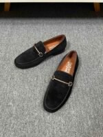 Ferragamo Black Corduroy Gold Horsebit Men Casual Formal Slip-On Loafers - Image 6