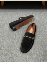 Ferragamo Black Corduroy Gold Horsebit Men Casual Formal Slip-On Loafers - Image 4