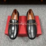 Ferragamo Black Soft Leather Gold Horsebit Men Formal Slip-On Loafers