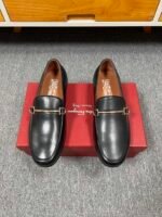 Ferragamo Black Soft Leather Gold Horsebit Men Formal Slip-On Loafers