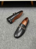 Ferragamo Black Soft Leather Gold Horsebit Men Formal Slip-On Loafers - Image 4