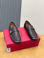 Ferragamo Dark Brown Leather Buckle Men Formal Slip-On Loafers