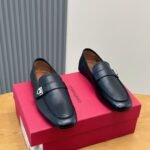 Ferragamo Black Soft Leather Metal Buckle Men Formal Slip-On Loafers
