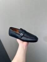 Ferragamo Black Soft Leather Metal Buckle Men Formal Slip-On Loafers - Image 9