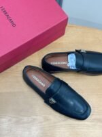 Ferragamo Black Soft Leather Metal Buckle Men Formal Slip-On Loafers - Image 4