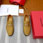 Ferragamo Khaki Suede Metal Buckle Men Casual Formal Slip-On Loafers
