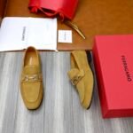 Ferragamo Khaki Suede Metal Buckle Men Casual Formal Slip-On Loafers - Image 2